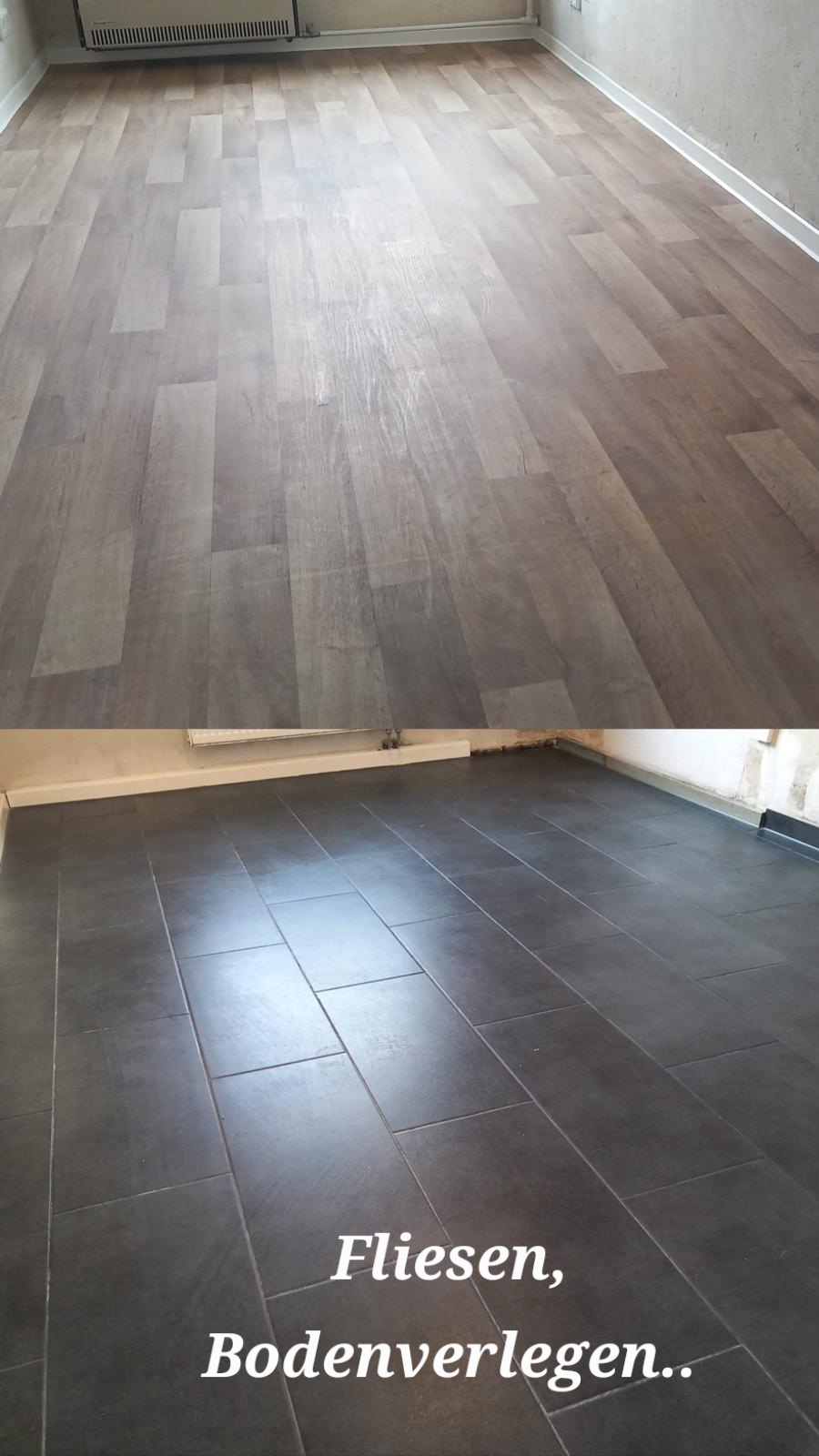 Bodenverlegearbeiten: Fliesenleger bei der Arbeit an einer Terrasse.